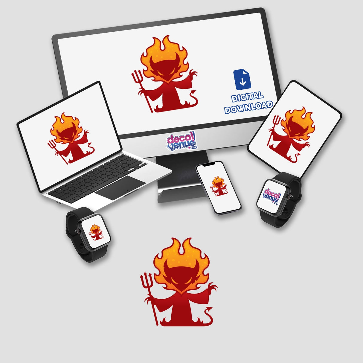 I'm The Devil sticker featuring a cartoon red devil with flames and a trident, visible on various screens and devices, reflecting Decal Venue's unique digital art style.