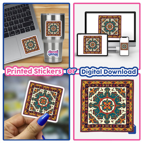 Fall Aesthetic Boho Mandala Bandana Clipart displayed on a laptop and as stickers, showcasing a vintage style bandana design suitable for personal use or commercial download.