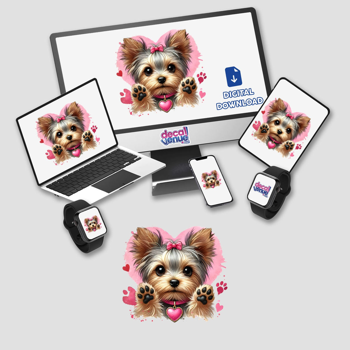 Watercolor Heart Yorkie Dog Paws transparent design displayed on various devices, showcasing its versatility as stickers or digital artwork. The image features a cute Yorkie with a pink bow and paws.