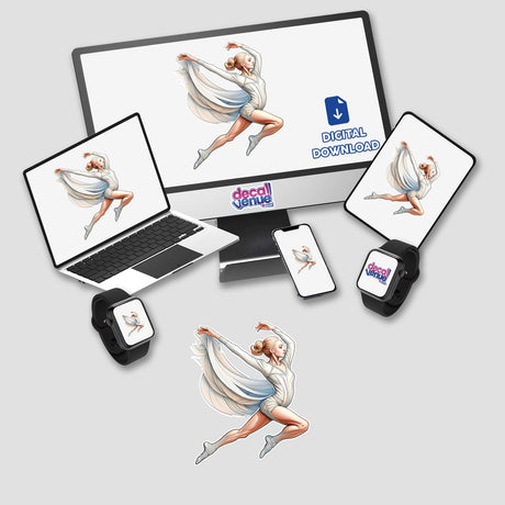 Elegant dancing gymnast in digital artwork displayed across various devices from the Decal Venue store, showcasing a graceful and dynamic athletic figure.