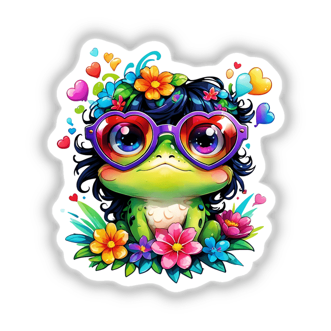 Cartoon frog wearing heart-shaped sunglasses, surrounded by colorful flowers and red hearts. Available as stickers or digital artwork.