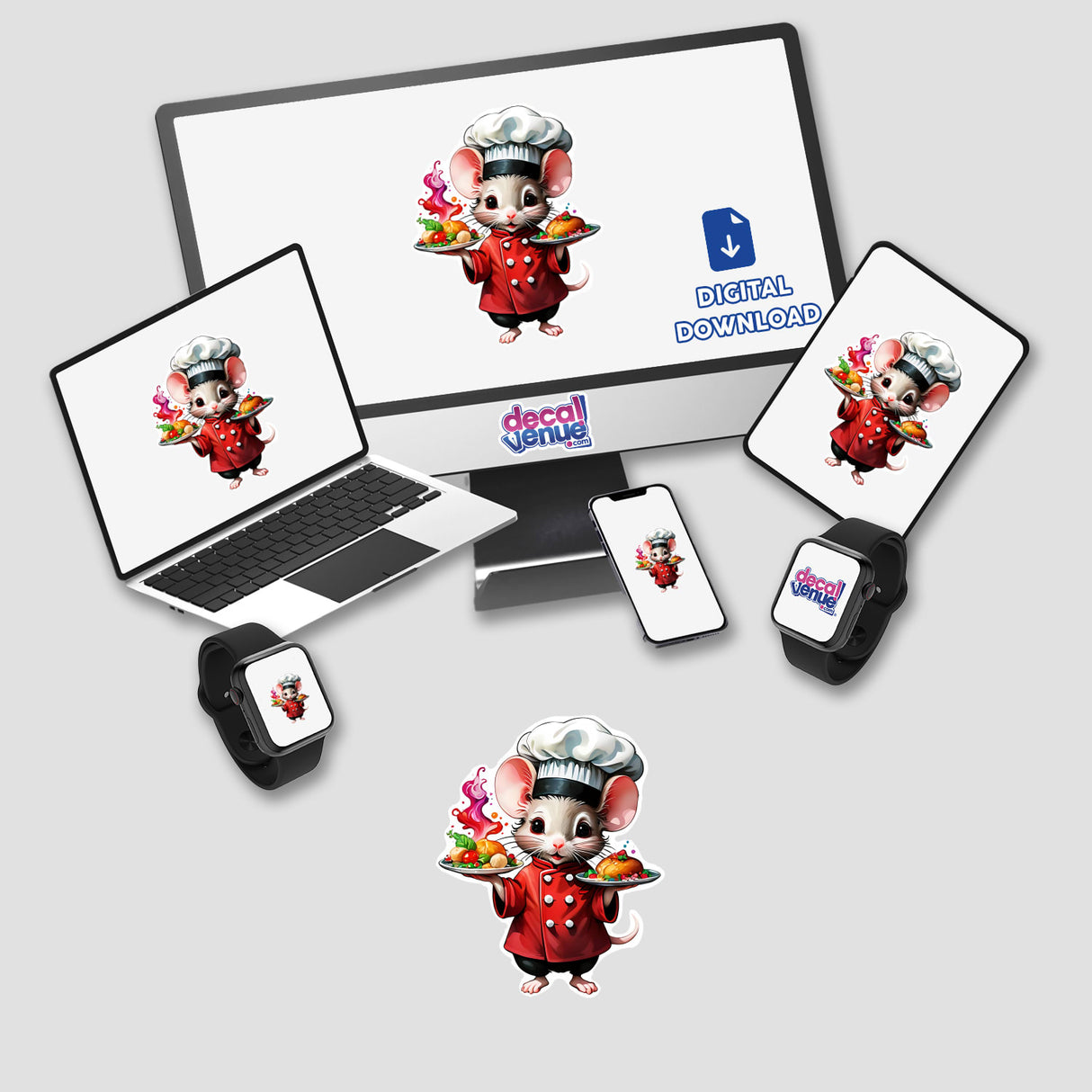 Cute Chef Mouse Sticker Design: Whimsical Culinary Adventures featuring a cartoon mouse in a chef's hat, holding plates of food, displayed on a laptop and phone. Available as stickers or digital artwork.