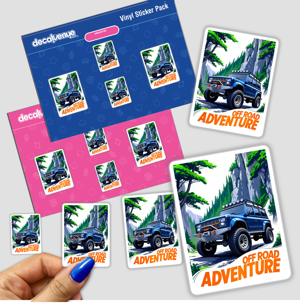 Off Road Adventures 4x4 Car sticker featuring a blue truck with large tires, available as a unique vinyl sticker or digital artwork from Decal Venue.