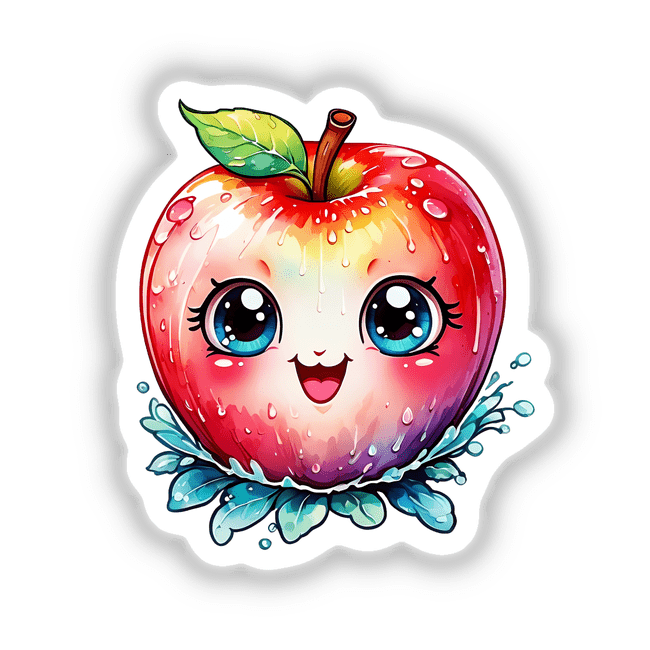 Happy apple cartoon sticker with a smiling face and expressive eyes, available as stickers or digital artwork from Decal Venue.