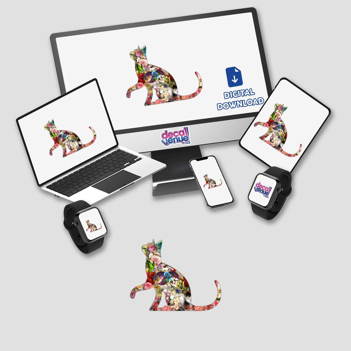 Colorful floral cat digital art featured on multiple electronic devices including a laptop, smartphone, and smartwatch. The Decal Venue brand logo is visible, indicating this is a digital product from their store.