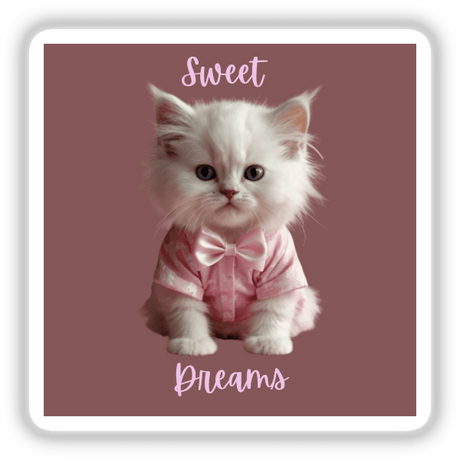 Sweet Dreams Kitty Sticker featuring a charming cat in a pink shirt and bow tie, perfect for vinyl sticker collections or digital art enthusiasts from Decal Venue.