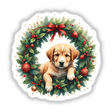 Puppy in a Christmas Wreath depicted as digital artwork or stickers, capturing a dog nestled in festive greenery, surrounded by ornaments and a red bow, showcasing Decal Venue's unique art style.