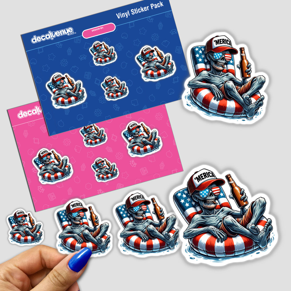 Zombie American Flag Float Merica sticker featuring a skeleton lounging on an inflatable float with a beer, held by a hand with blue nail polish, available at Decal Venue.