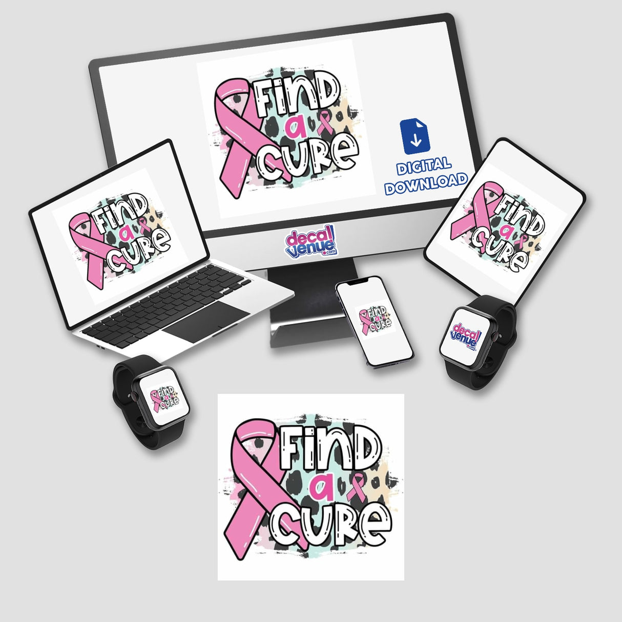 Gold Breast Cancer Series 18: Computer monitor, laptop, tablet, cellphone, and smartwatch screens displaying a pink ribbon design, available as stickers or digital artwork.