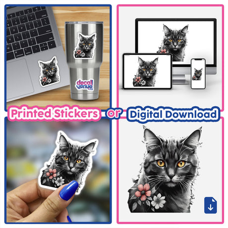 Cat Portrait Floral Accents PA09: A laptop adorned with a cat sticker featuring floral accents, showcasing a hand holding the same sticker, available as stickers or digital artwork.