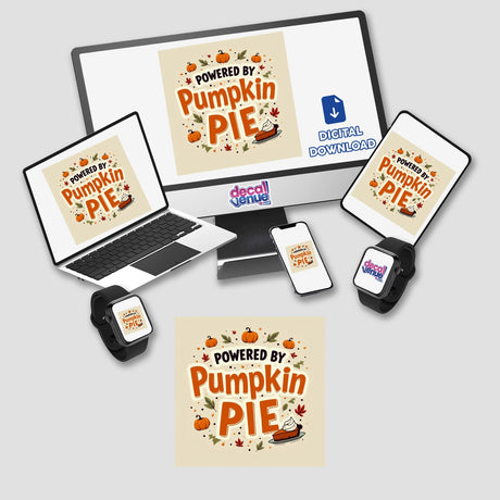 Powered by Pumpkin Pie Thanksgiving Sticker or Clipart with Commercial Rights, featuring a laptop displaying a festive logo, available as unique stickers or digital artwork from Decal Venue.