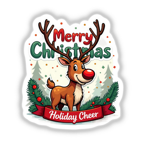 Merry Christmas Holiday Cheer Reindeer cartoon illustration available as stickers or digital artwork, depicting a festive reindeer with antlers in a playful, cheerful style.