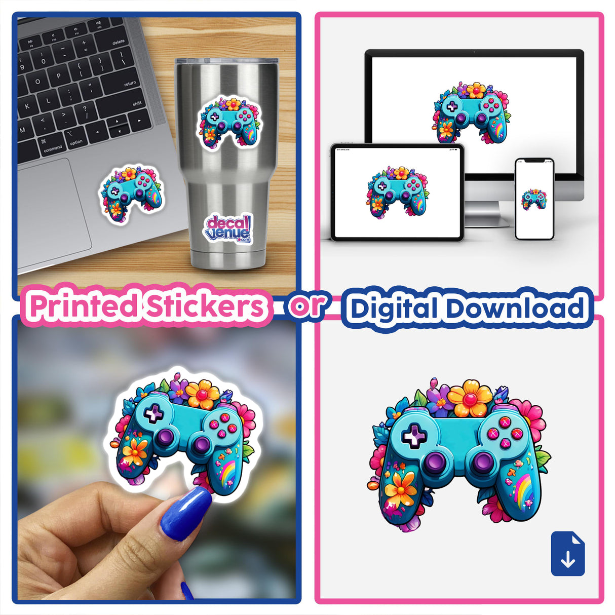 Gaming Vibes: Rainbow Floral Splash Controller Sticker featuring a video game controller adorned with colorful flowers, ideal for laptops, cups, and more. Available as stickers or digital artwork.