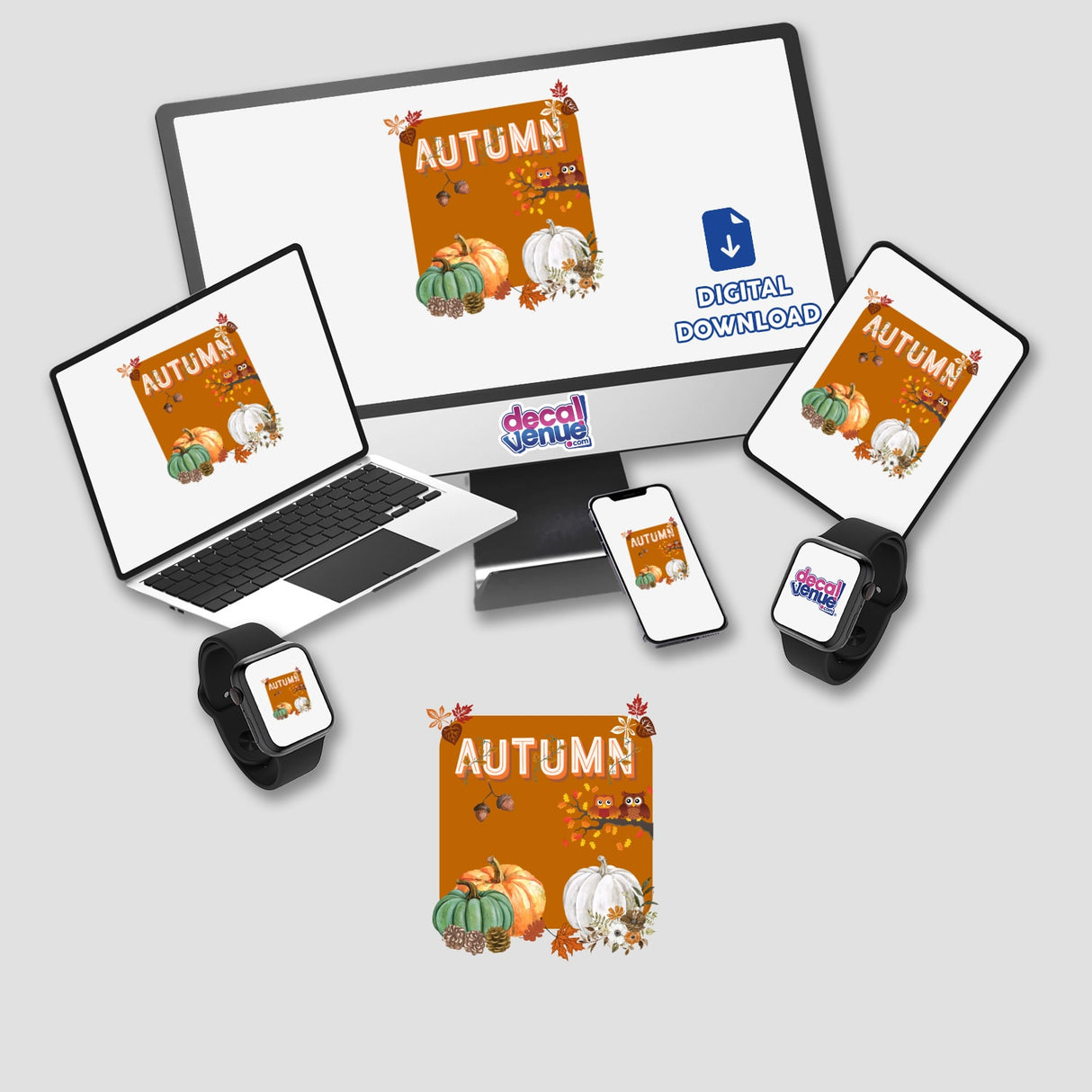 Autumn-themed digital artwork featuring pumpkins and leaves displayed on a laptop, monitor, tablet, and phone screens. Available as stickers or digital art from Decal Venue.