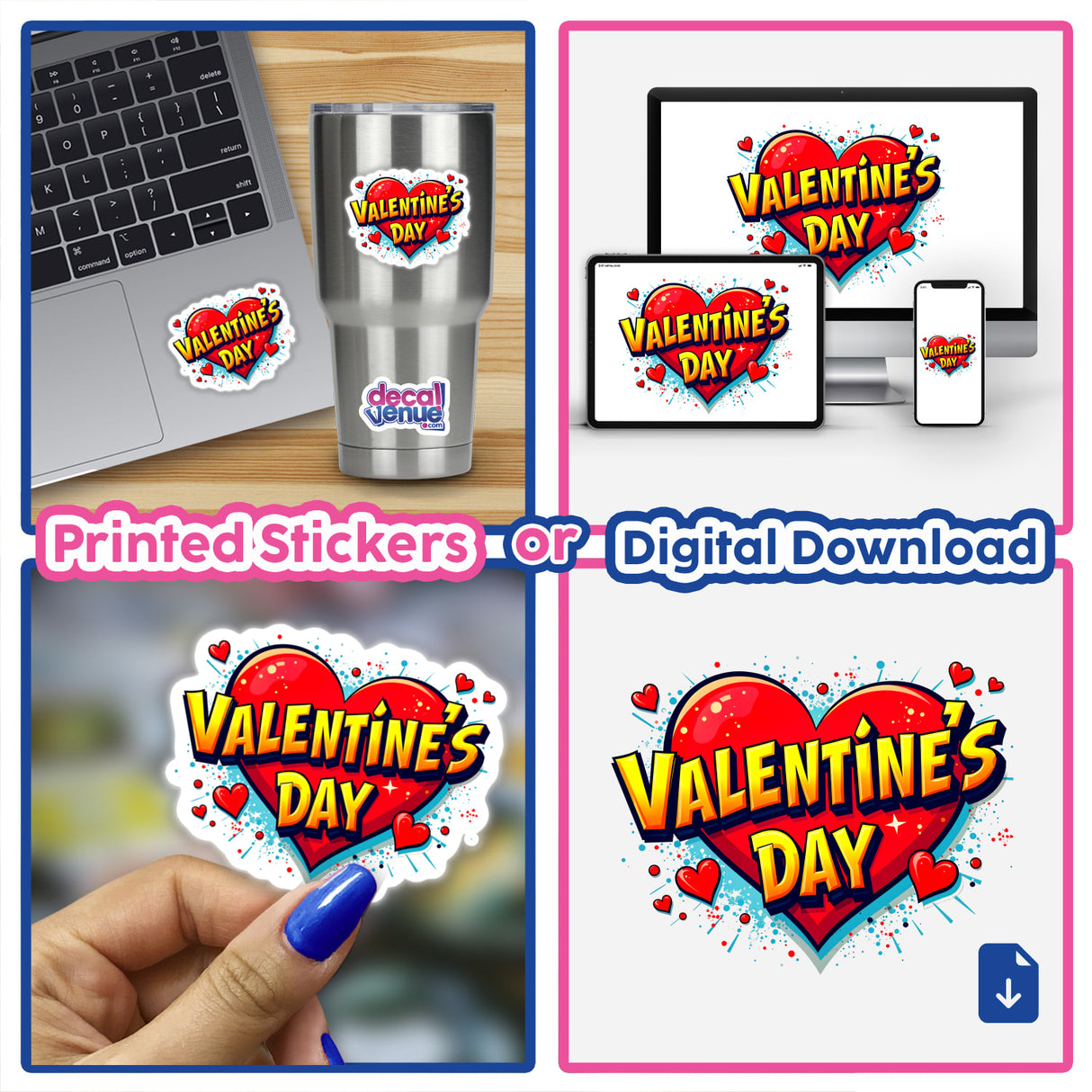 Valentine's Day Love Heart sticker collage on a laptop, featuring heart-shaped designs and text. Available as stickers or digital artwork, perfect for personalizing tech accessories.