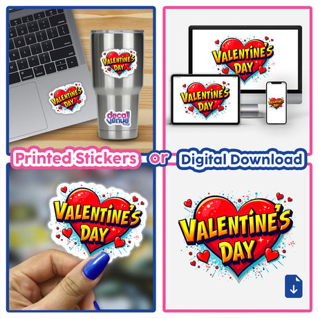 Valentine's Day Love Heart sticker collage on a laptop, featuring heart-shaped designs and text. Available as stickers or digital artwork, perfect for personalizing tech accessories.