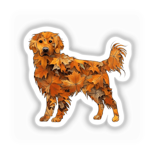 Vibrant Fall Leaves Golden Retriever Clipart featuring a dog crafted from leaves. Available as stickers or digital artwork for Thanksgiving use.