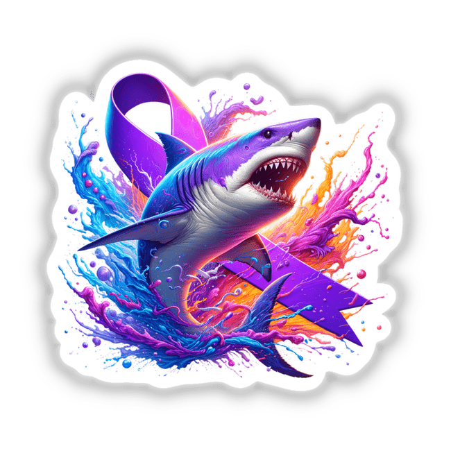 Shark Purple Awareness Ribbon sticker, featuring a vibrant shark design with purple accents and colorful splashes, available as unique vinyl stickers or digital artwork from Decal Venue.