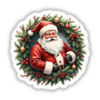 Jolly Santa Claus in a Christmas Wreath depicted as stickers or digital artwork, featuring Santa's cheerful face surrounded by festive ornaments and greenery, highlighting the holiday spirit.