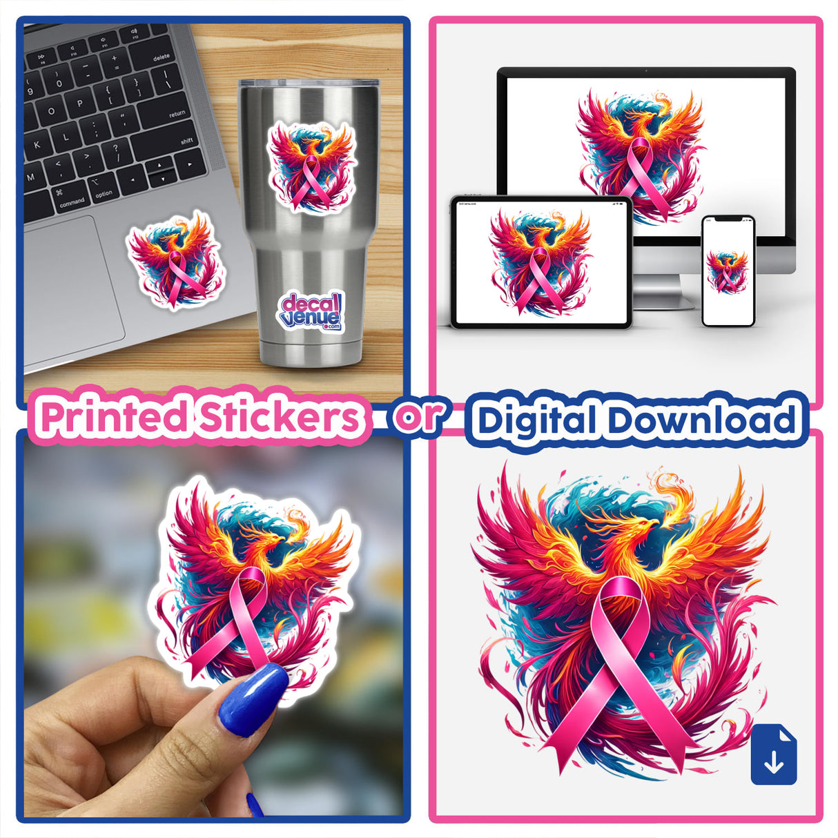 Collage showcasing the Pink Ribbon and Phoenix Breast Cancer design, including close-ups of stickers on a laptop and a finger, emphasizing the intricate bird and ribbon decal.