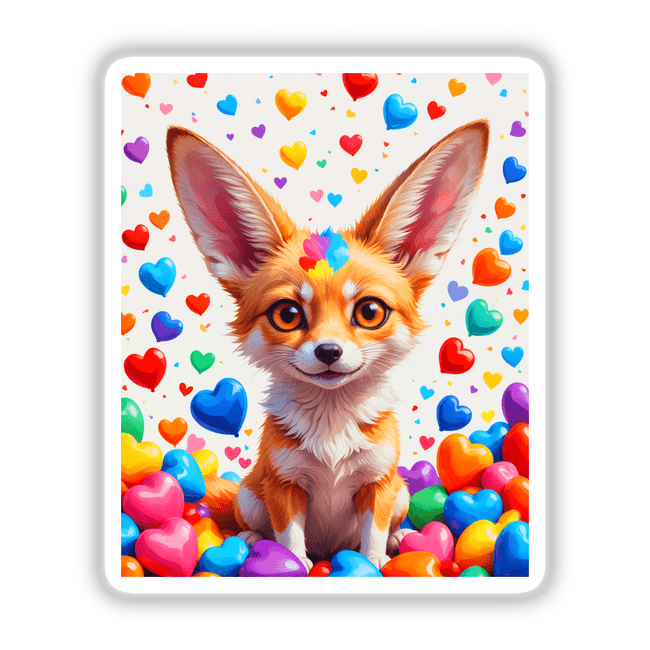 Cute fennec fox with large ears surrounded by colorful love hearts, available as vinyl stickers or digital artwork.