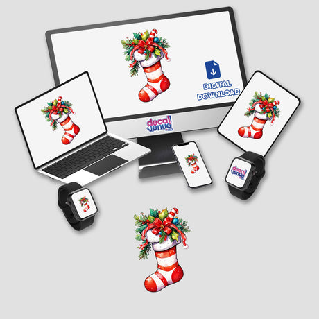 Festive Christmas Stocking: Cozy Sticker Design with Holiday Cheer displayed on a computer monitor and laptop screen, showcasing red and white stockings.