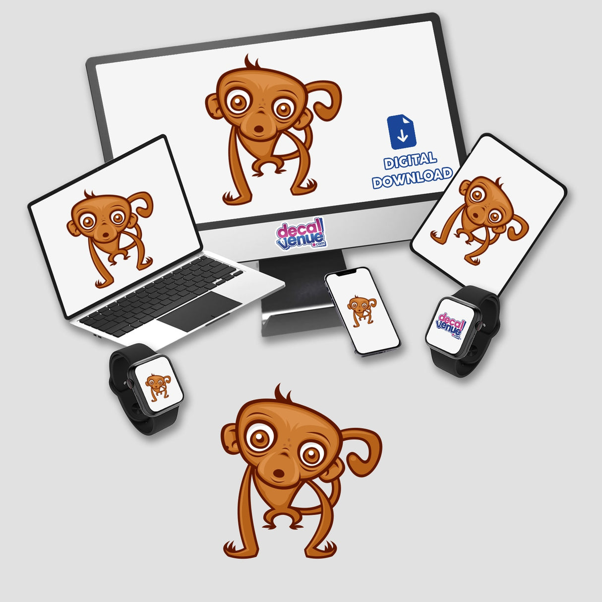 Monkey-themed stickers featuring cartoon monkeys displayed on a computer monitor, laptop, and other devices, ideal for adding playful charm to your gadgets.