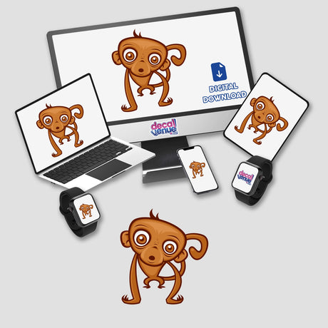 Monkey-themed stickers featuring cartoon monkeys displayed on a computer monitor, laptop, and other devices, ideal for adding playful charm to your gadgets.