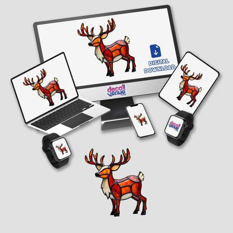 Reindeer Stained Glass Style artwork displayed on a computer monitor and laptop, showcasing intricate deer designs available as stickers or digital artwork from Decal Venue.