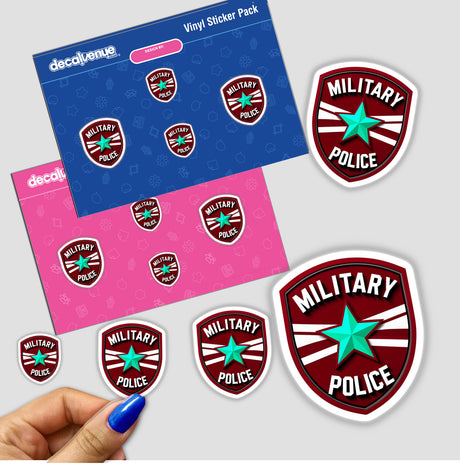 Hand holding a Military Police Shield Logo sticker pack, featuring various close-up logos, available as stickers or digital artwork from Decal Venue.