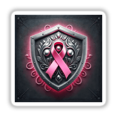 Warrior's Shield - Pink Ribbon Embossed on a Shield, available as stickers or digital artwork, featuring a pink ribbon prominently displayed on a metallic shield emblem.