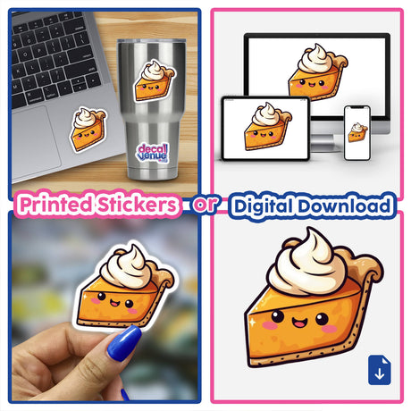 Kawaii Pumpkin Pie Slice with Whipped Cream Hat stickers and digital art displayed on a laptop, cup, and phone, showcasing charming dessert-themed designs.