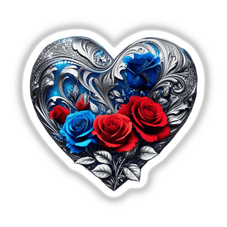 Elegant Silver Blue Heart with Red and Blue Roses: A captivating digital artwork featuring a heart adorned with vibrant red and blue roses, perfect for vinyl stickers or digital art.