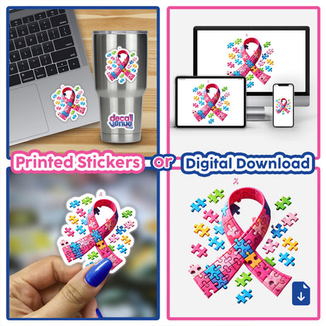 Collage featuring Pink Ribbon and Puzzle Breast Cancer Awareness stickers and digital artwork, highlighting intricate designs with puzzle pieces and close-ups of detailed elements.