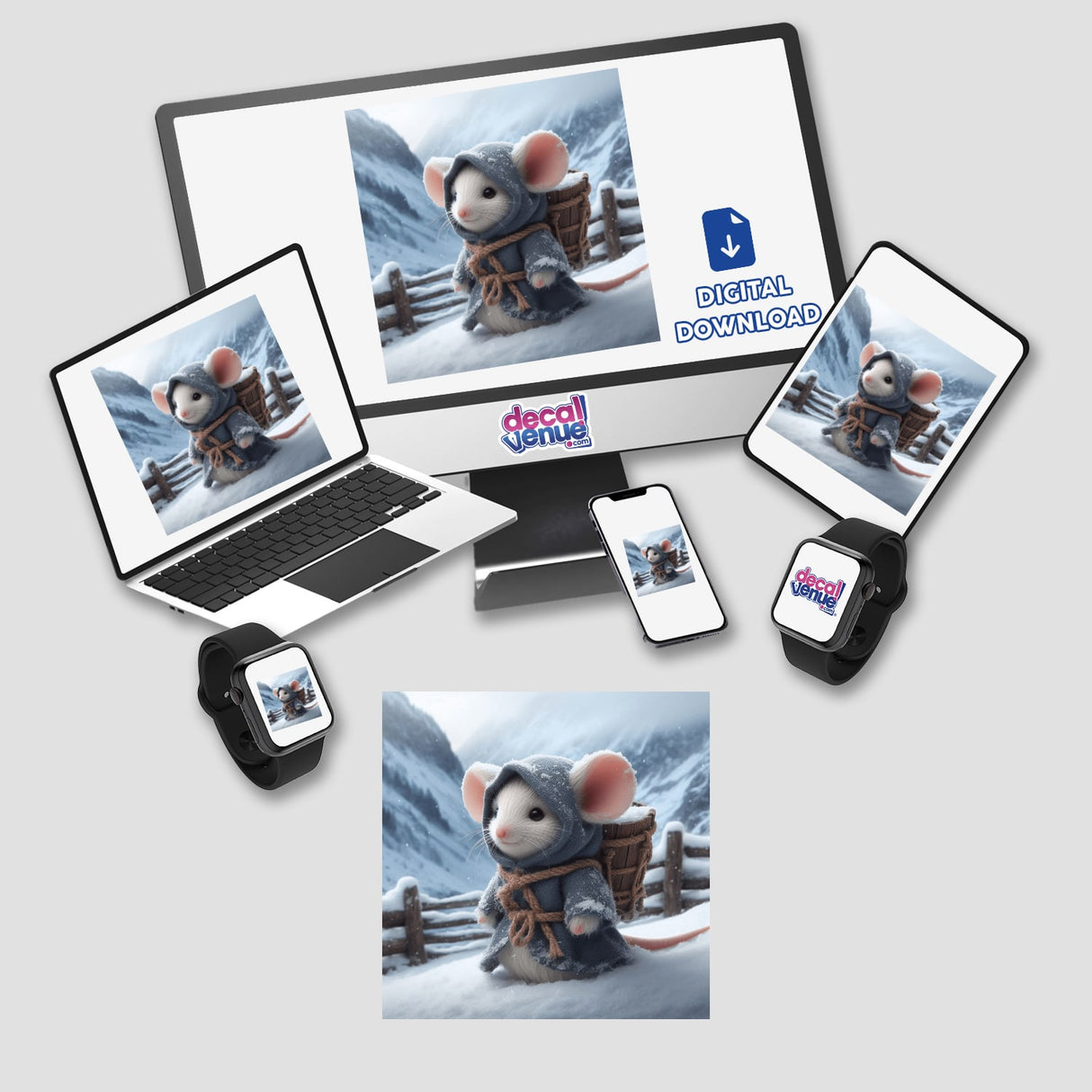 Winter Mouse digital artwork featuring a cartoon mouse in a blue robe and backpack, displayed on various devices like a laptop and tablet, available as stickers or digital art.