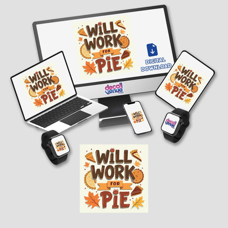 Will Work for Pie Thanksgiving Sticker & Clipart with Commercial Rights featuring a monitor, laptop, and watch, showcasing a Thanksgiving theme with pies and leaves.