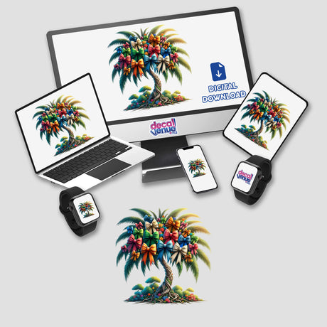 Colorful digital artwork of a palm tree with vibrant flowers and leaves, featuring the Decal Venue logo and a "Digital Download" text overlay. The image is displayed on various digital devices like computers, phones, and watches, showcasing the versatility of this eye-catching digital product.