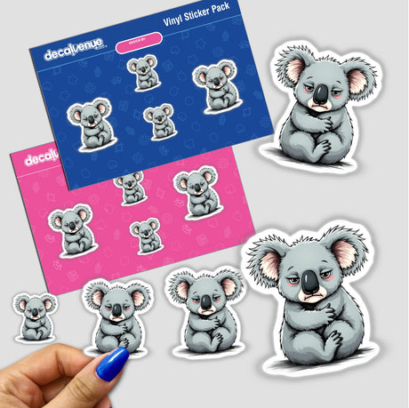 Hand holding a sticker pack featuring multiple Sad Koala Cartoon Character illustrations, available as stickers or digital artwork from Decal Venue.