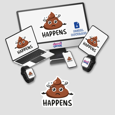 Sh*t Happens stickers featuring cartoon poops adorn a laptop, monitor, and smart watch, embodying Decal Venue's unique vinyl sticker and digital art collection.