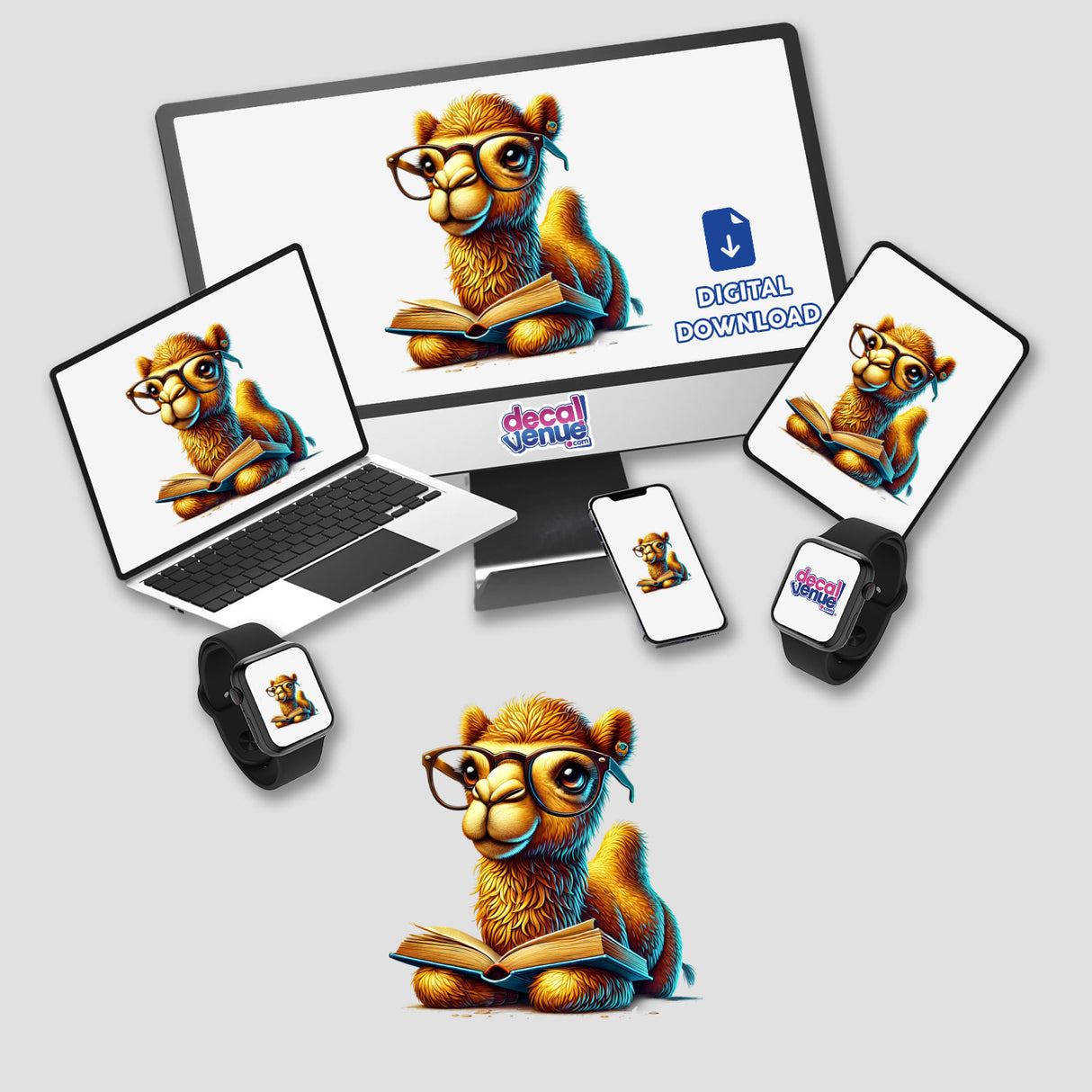 Camel in Reading Glasses Open Book displayed on a monitor, laptop, and smartwatch, highlighting its availability as stickers or digital artwork from Decal Venue.