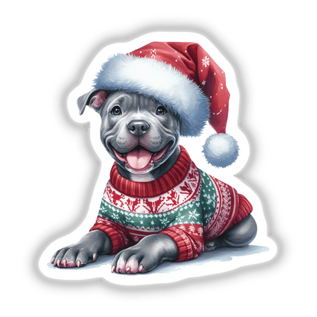 Pitbull Santa Dog in Ugly Christmas Sweater II features a dog wearing a festive sweater and Santa hat, available as stickers or digital artwork.