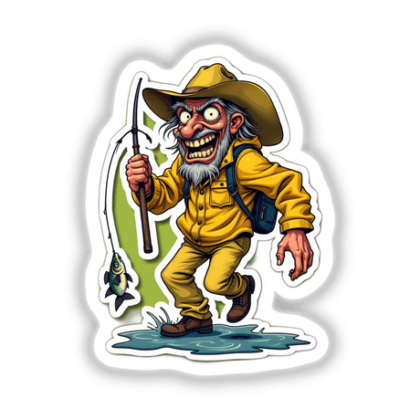 Cartoon of a man holding a fishing pole titled Papo de Pescador, available as stickers or digital artwork.