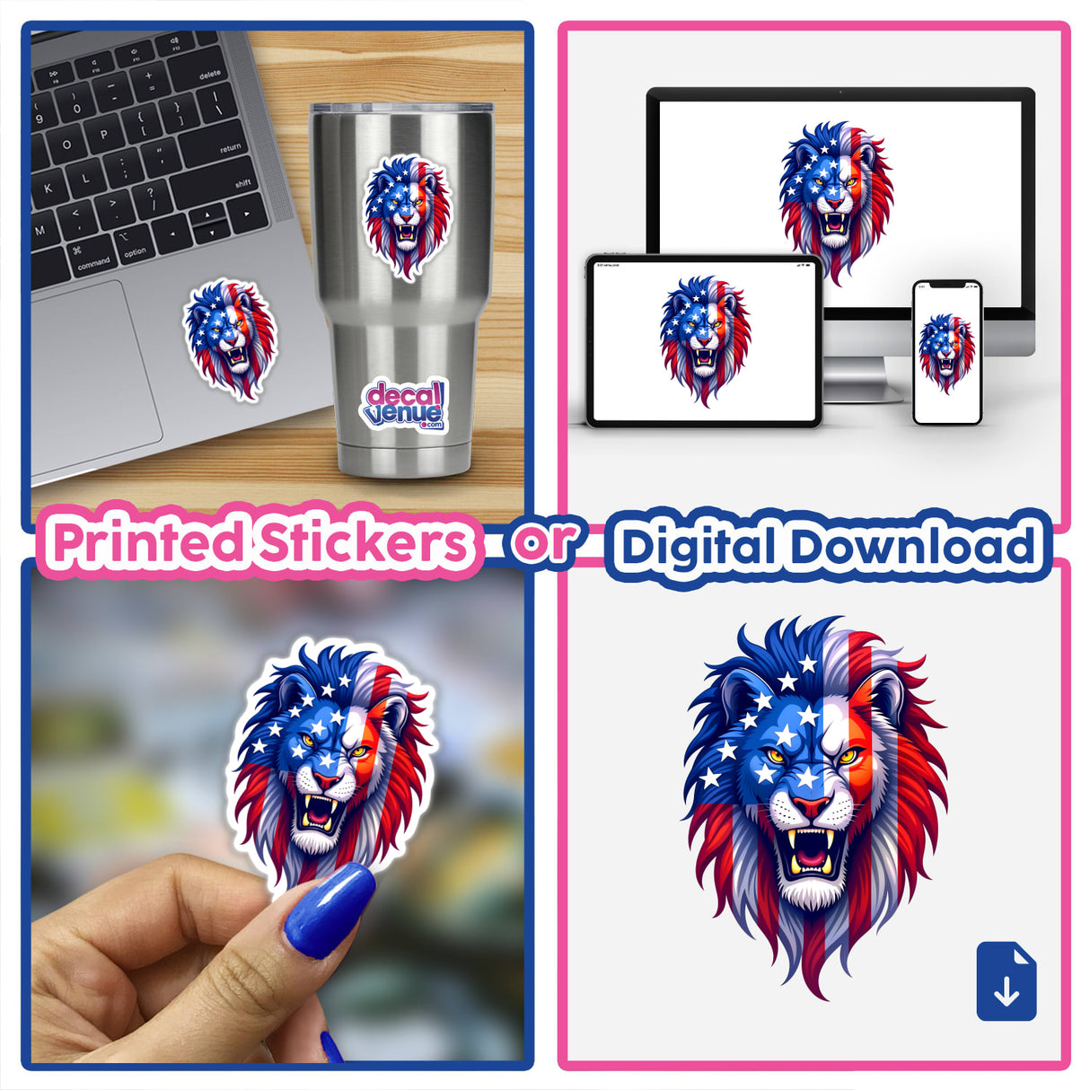 Collage of A Cool American Flag Lion stickers and digital artwork, featuring lion designs with flags. Seen on laptops and phones, available at Decal Venue for unique decorative applications.