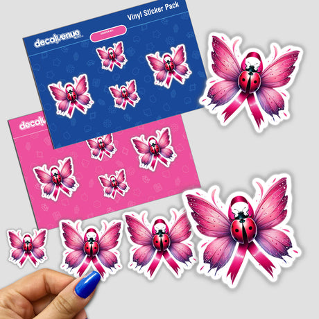 Stickers featuring ladybugs and butterflies with pink wings and ribbons, highlighting the Ladybug Butterfly Wings Pink Ribbon Breast Cancer theme.