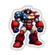 A Cool American Flag Army Robot cartoon featuring vibrant stickers or digital artwork, showcasing a detailed blue helmet with yellow stars and a red robotic body.