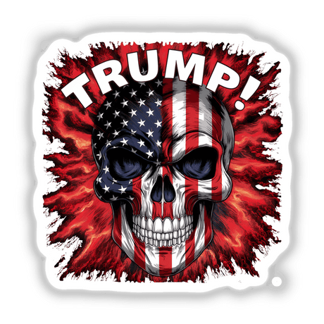 Patriotic American skull design with Trump text, an American flag graphic, and a stylized burst of red in the background