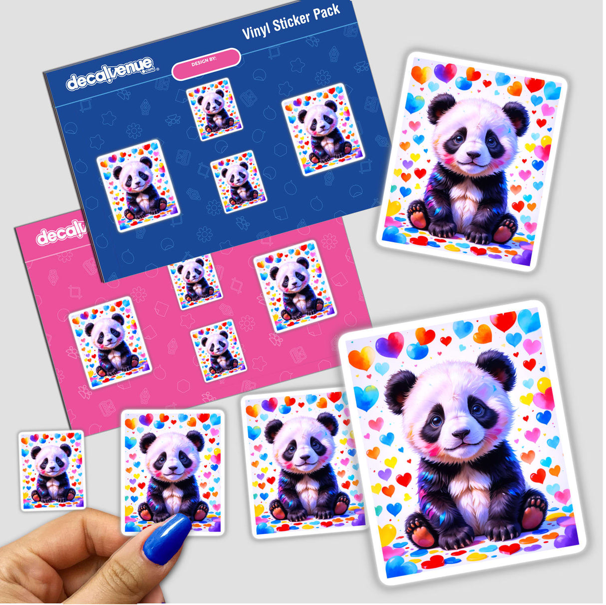 Cute panda bear with love hearts sticker, showcasing a cartoon panda surrounded by colorful hearts. Perfect for fans of unique vinyl stickers and digital art from Decal Venue.