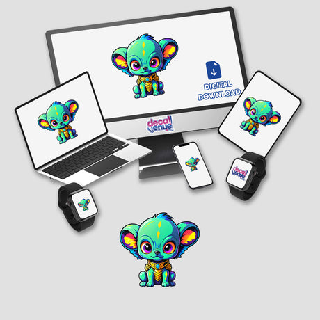 Cute Puppy From Outer Space displayed on a computer monitor and laptop screen, showcasing a cartoon koala and blue dog. Available as stickers or digital artwork from Decal Venue.