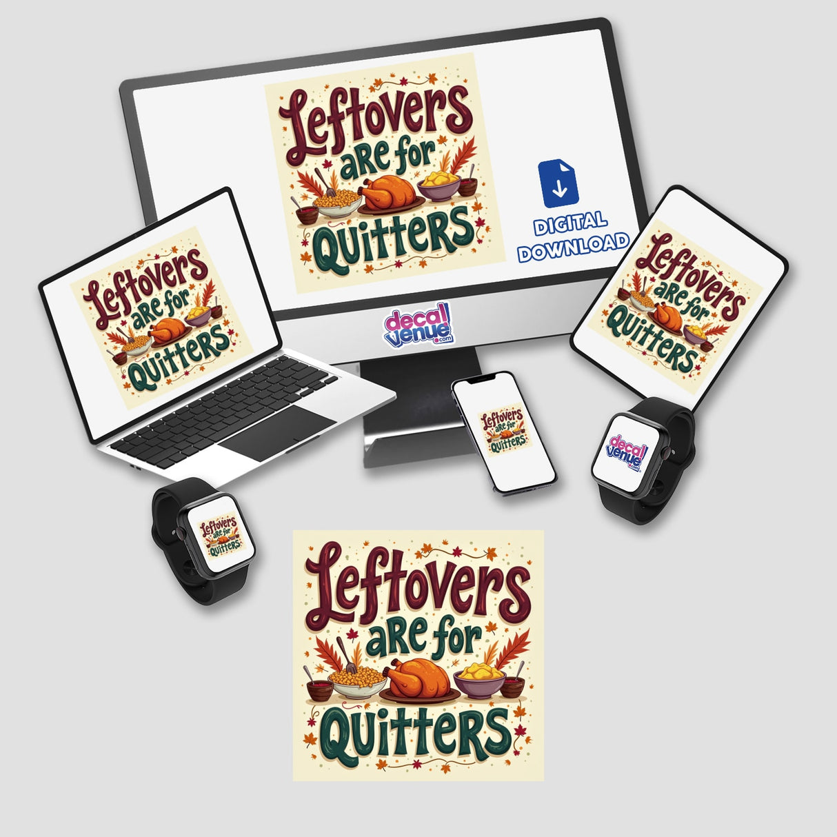 Leftovers Are for Quitters Funny Thanksgiving Sticker featuring a turkey and food, ideal for feast lovers. Available as stickers or digital artwork with commercial rights.