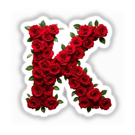 Elegant Floral Letter K Clipart - Downloadable Sticker with Commercial Rights: A letter K formed by red roses and green leaves, bordered in white. Perfect for unique stickers or digital art.